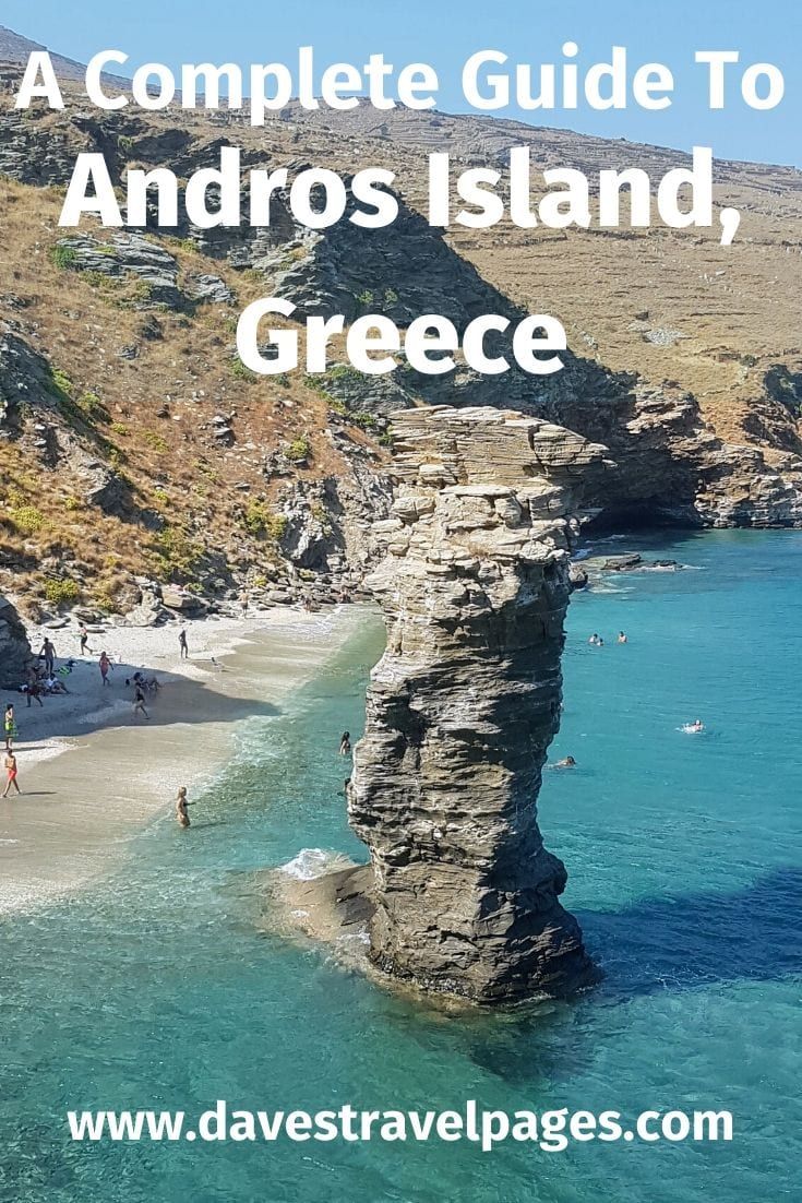 a complete guide to andros island, greece with text overlay that reads a complete guide to andros island, greece