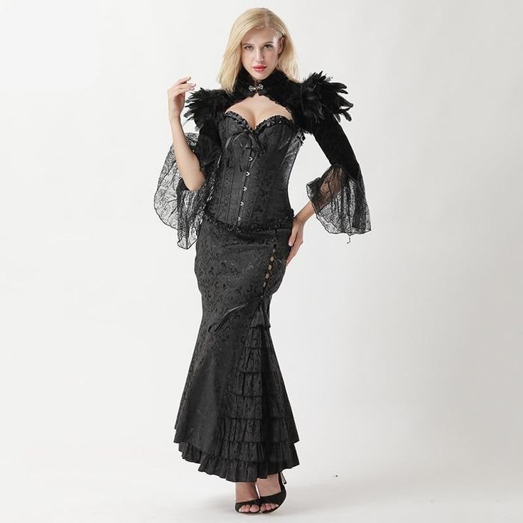 Steampunk costume: bewitch your audience with this elegant black mermaid costume! Steampunk costume for women This costume includes: skirt + dress + jacket Decoration: feathers Material composition: brocade + flannel + lace Feature: front steel busk closure, 10 plastic bones, back ribbon lacing Body Shaping Opt for uniqueness with our Steampunk Attire, a fusion of vintage style and modern design. Transport yourself to the plague era with our Deluxe Plague Doctor Costume, a unique blend of histor Fitted Gothic Costumes For Fantasy Events, Gothic Fitted Costumes, Fitted Punk Style Costumes For Winter, Fitted Punk Winter Costumes, Fitted Punk Style Winter Costumes, Black Steampunk Corset Dress For Costume Party, Fitted Steampunk Party Costume, Fitted Steampunk Costumes For Party, Steampunk Corset Dress For Halloween Party