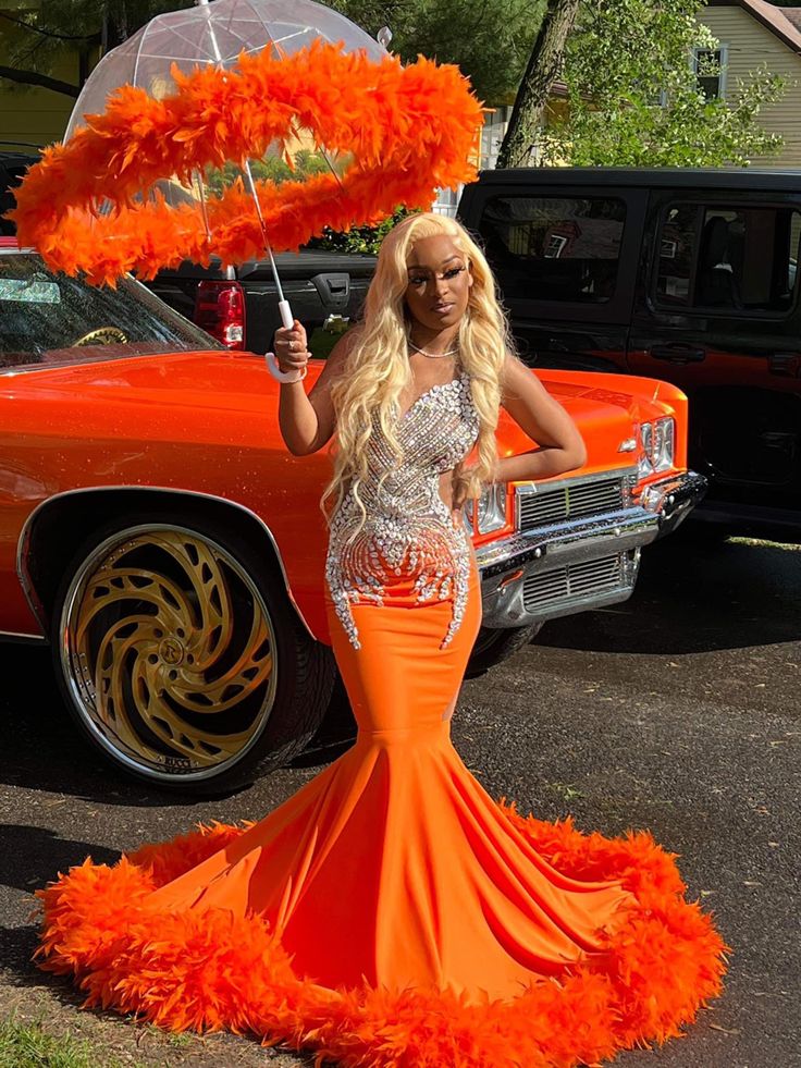 Black girl prom dress 
Orange prom dress black girl Prom Color Ideas, African Mermaid, Orange Mermaid, Orange Prom Dresses, Girl Prom, Prom Inspiration, Prom Couples, Gorgeous Prom Dresses, Senior Prom Dresses