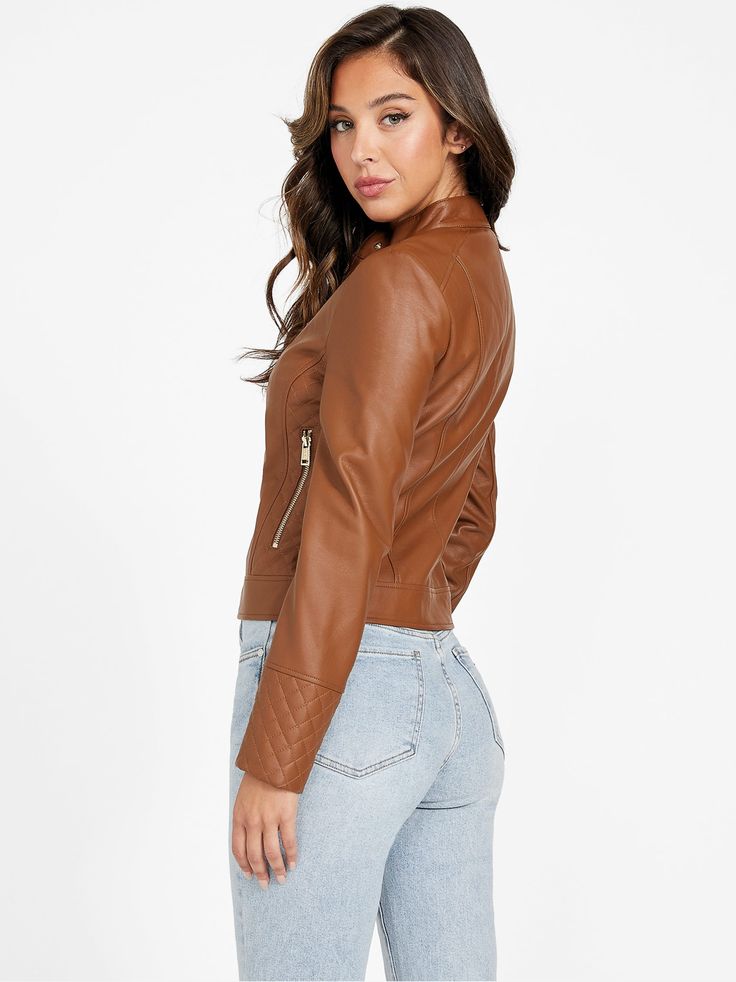 Casual Leather Biker Jacket For Fall, Casual Faux Leather Biker Jacket, Casual Fall Biker Jacket With Faux Front Pockets, Casual Faux Leather Jacket For Fall, Spring Faux Leather Biker Jacket, Trendy Faux Leather Jacket With Faux Pockets, Classic Leather Jacket With Zipper For Fall, Trendy Spring Leather Jacket With Faux Pockets, Trendy Fitted Faux Leather Outerwear