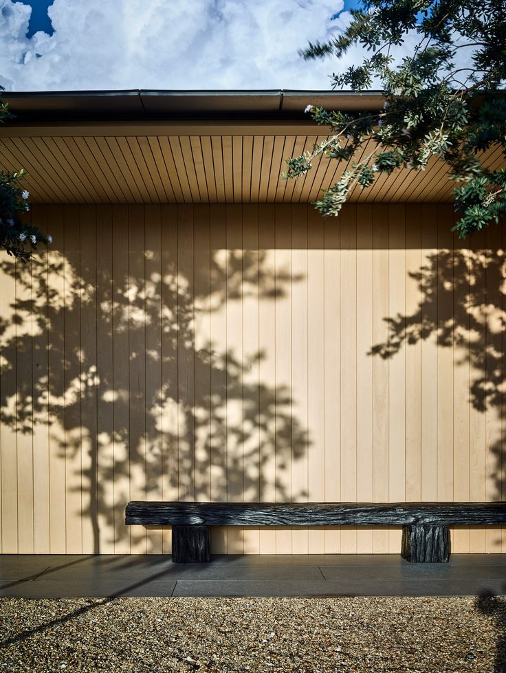 a bench sitting in front of a wooden wall with trees casting shadows on the wall