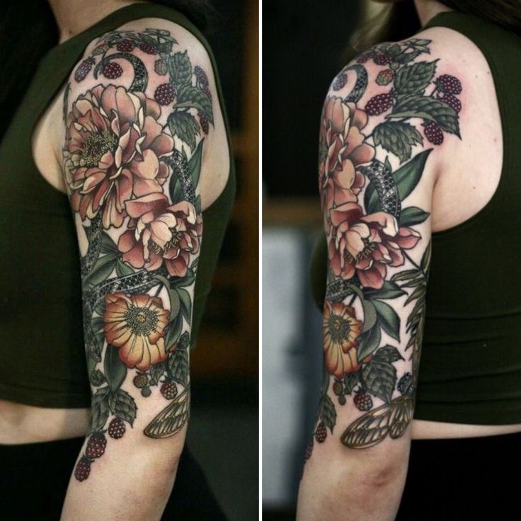 two pictures of a woman's arm with flowers and leaves tattooed on the arms