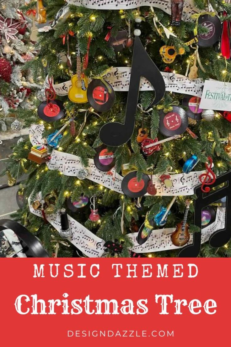 a christmas tree decorated with music themed ornaments