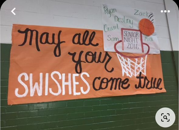 a sign that says may all your swishes come true on the side of a basketball court