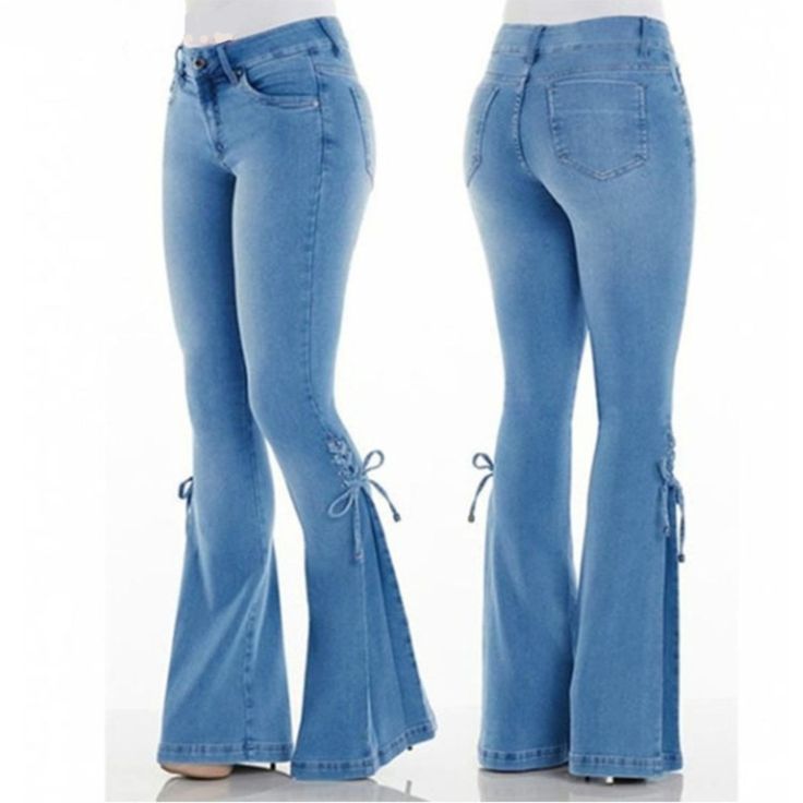 Bow-Tie Bell Bottom Jeans Flaunt your curves with these fashionable Bow-Tie Bell Bottom Jeans! Crafted from a thin and stretchy material. These jeans hug your figure while the bell bottoms flare out. The tie up on the side, just past the knee adds a trendy and stylish flair. These jeans are sure to make heads turn! Elastic Jeans, Decoration Vintage, High Waist Fashion, Stretchy Jeans, Boot Cut Denim, Style Streetwear, Bell Bottom, Denim Flares, Denim Trousers