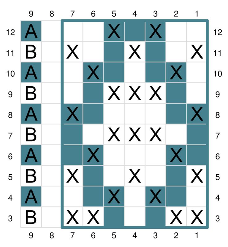 the crossword puzzle is shown in blue and white, with black crosses on it