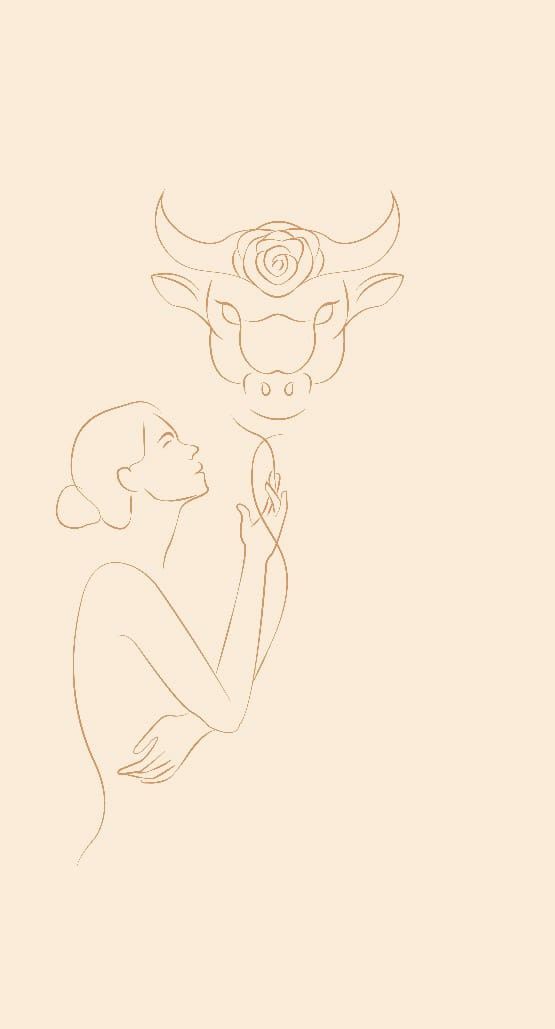 a drawing of a woman looking at a bull's head with a rose on it