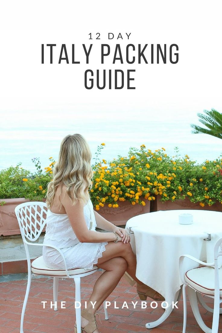 a woman sitting at a table with the title 12 day italy packing guide