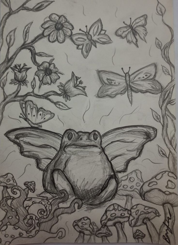 a drawing of a frog and butterflies