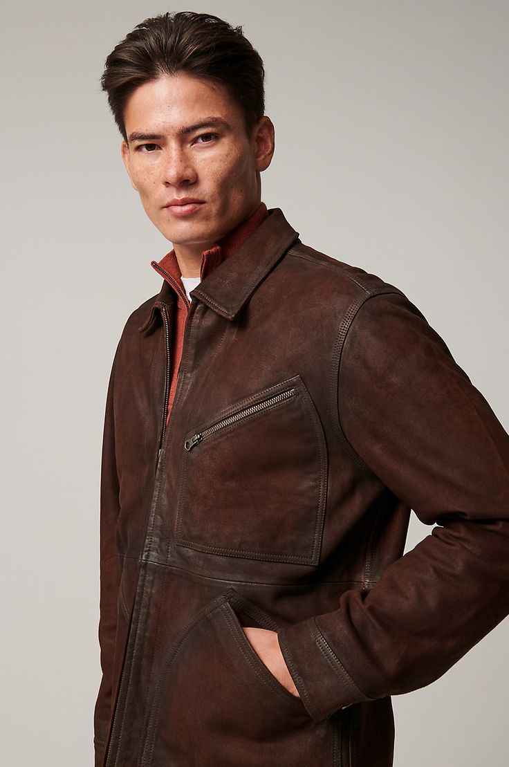 With the memorable look of a time-honored favorite, the Gallatin leather jacket is easy on the eye and handcrafted to endure for decades. Its hand-rubbed seams give it a distinct finish that develops with age, and its antiqued metal buttons on the cuffs and on the adjustable waist tabs complement a jacket destined to become a wardrobe essential. Leather Jacket With Suede Lining, Rugged Brown Suede Outerwear, Rugged Suede Leather Jacket For Fall, Classic Leather Outerwear With Suede Lining, Classic Leather Jacket With Suede Lining, Brown Leather Jacket With Suede Lining For Work, Leather Jacket With Suede Lining For Work, Leather Jacket With Suede Lining For Fall, Fall Leather Jacket With Suede Lining