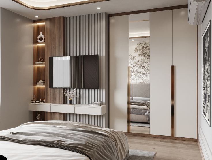 a modern bedroom with mirrored closets and white furniture