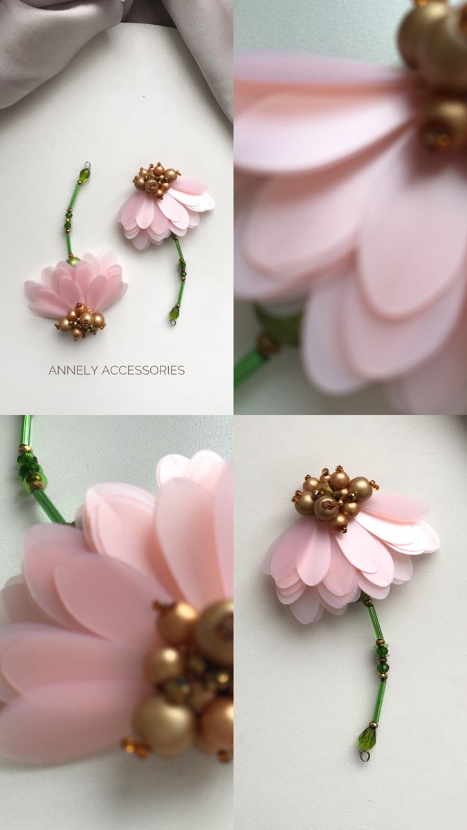 three pictures of pink flowers with pearls on them