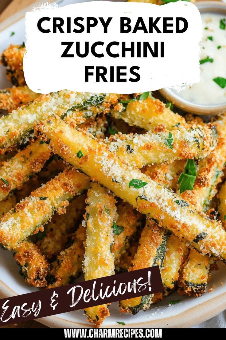 crispy baked zucchini fries on a plate with ranch dip and parsley