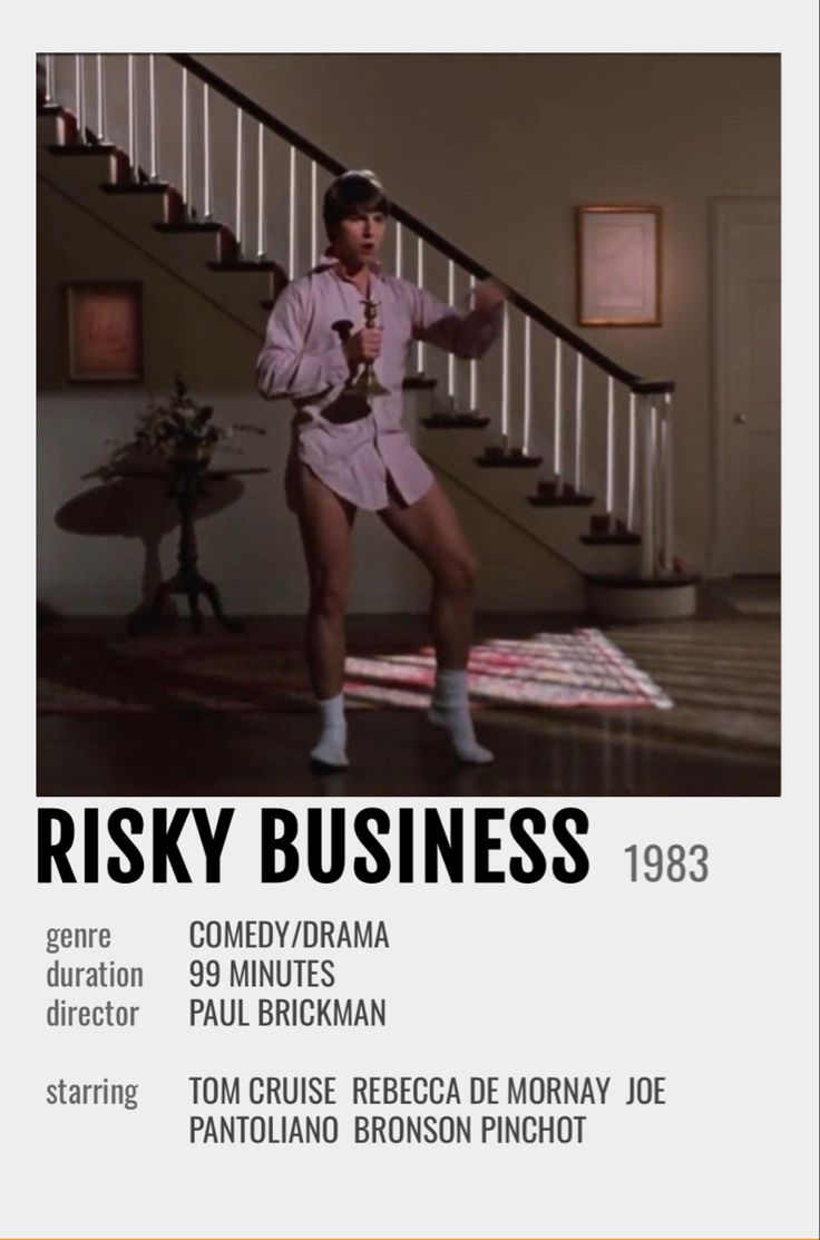 the poster for risky business shows a man in shorts holding a microphone