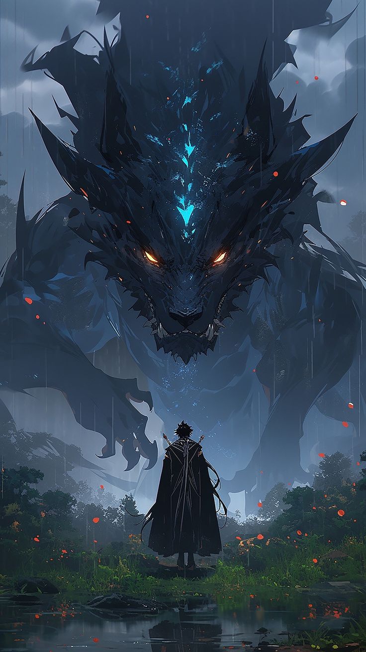 a man standing in front of a giant dragon