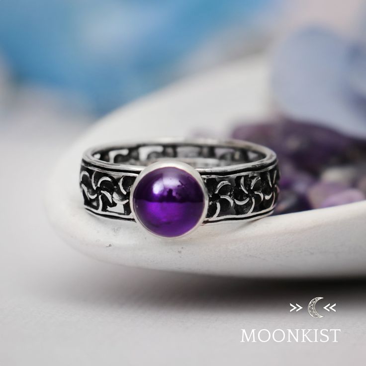 Sterling Silver Unique Periwinkle Flower Ring  | Moonkist Designs | Moonkist Designs Mystical Round Cabochon Jewelry, Spiritual Amethyst Ring With Gemstone Accents, Purple Moonstone Round Jewelry, Round Cabochon Amethyst Ring, Adjustable Amethyst Ring With Stone Setting, Sterling Silver Cabochon Amethyst Ring, Mystical Round Amethyst Ring For Gifting, Mystical Round Amethyst Ring Gift, Mystical Silver Amethyst Ring