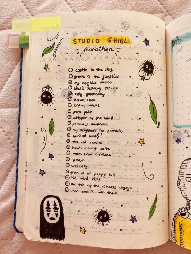 an open notebook with stickers on the pages and writing in it that says studio ghiel