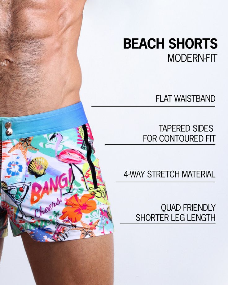 The most versatile pair of men’s beach shorts you’ll ever wear. BANG! Beach Shorts are the perfect all-rounder between the beach and everything else before and after. Styled after the fashionably look of a modern-fit walk short, these premium men’s swim trunks are delivered in a body-sculpting and shape-contouring format for a perfect fit. Meet the ultimate men’s boardies to take you from the beach to the party without missing a beat. Made with a stretchy, waterproof, light weight and soft fabri Beach Party Short Swim Trunks, Short Swim Trunks For Beach Party Vacation, Summer Beach Party Shorts, Beachwear Shorts For Surfing In Summer, Beachy Surfing Shorts For Summer, Beach Party Swim Trunks In Short Style, Beachwear Swim Trunks For Beach Party, Summer Beach Party Shorts With Built-in Liner, Beach Party Beachwear Swim Trunks Short Length