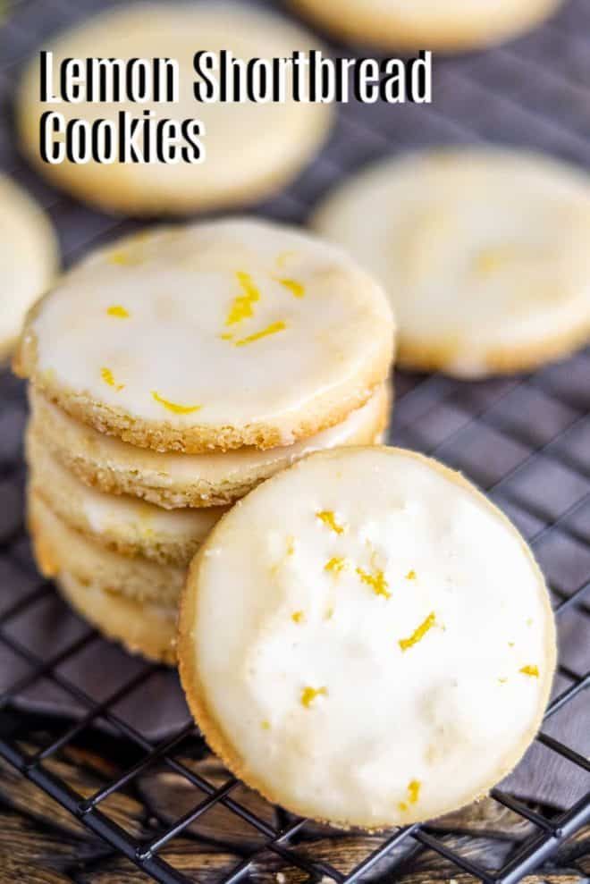 lemon shortbread cookies on a cooling rack with the words lemon shortbread cookies above them