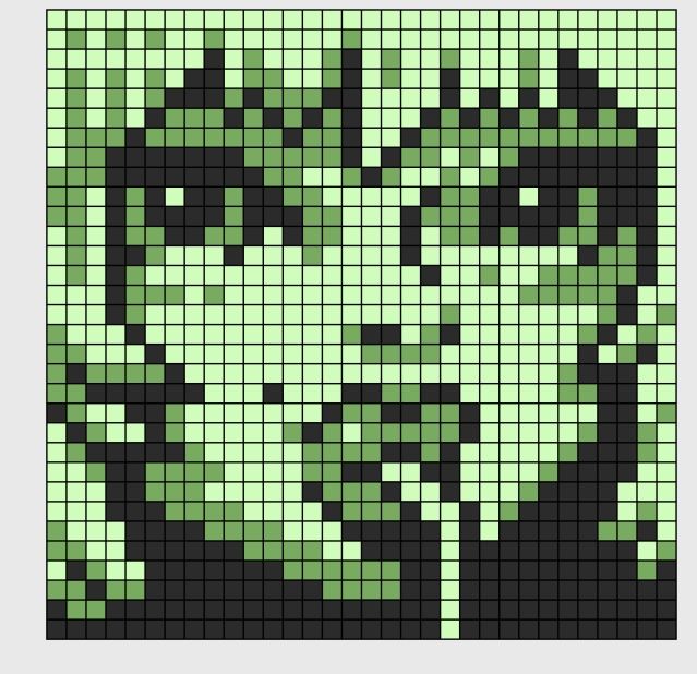 an image of the face of a woman in green and black pixellated mosaic tiles