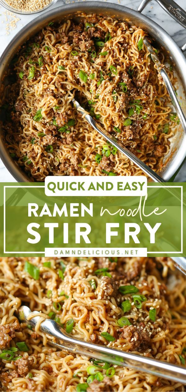 an image of ramen noodles and stir fry in a pan with the words quick and easy ramen noodles and stir fry