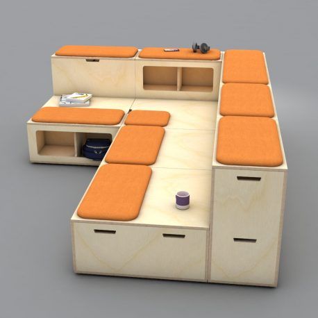 an office desk made out of plywood with orange seats and drawers on each side