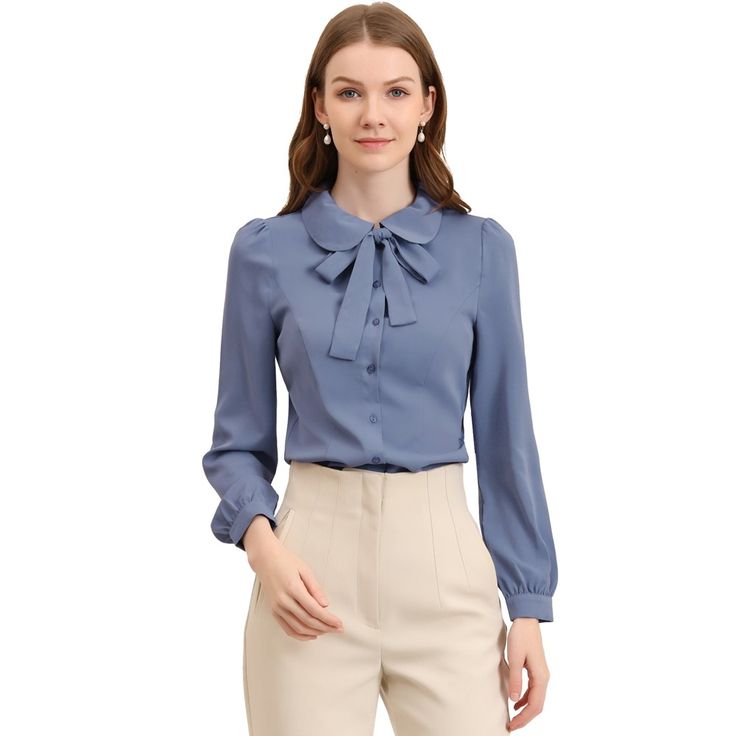 Whether you're in the office or out on the town, this cute blouse is perfect for any occasion. The soft fabric will keep you comfy all the time. Simple and classic shirts are never out of date and maintain an elegant appearance. The stylish Peter Pan collar and bow-tie neck design are different from those of classic shirts, adding a unique feminine. A classic blouse goes well with everything. It can be dressed up with dress pants or casual with skinny jeans or plaid skirts to show the preppy sty Office Tops Blouses, Peter Pan Collar Shirt, Classic Blouse, Classic Blouses, Women's Button Down Shirt, Puff Long Sleeves, Cute Blouses, Tie Neck Blouse, Chiffon Long Sleeve