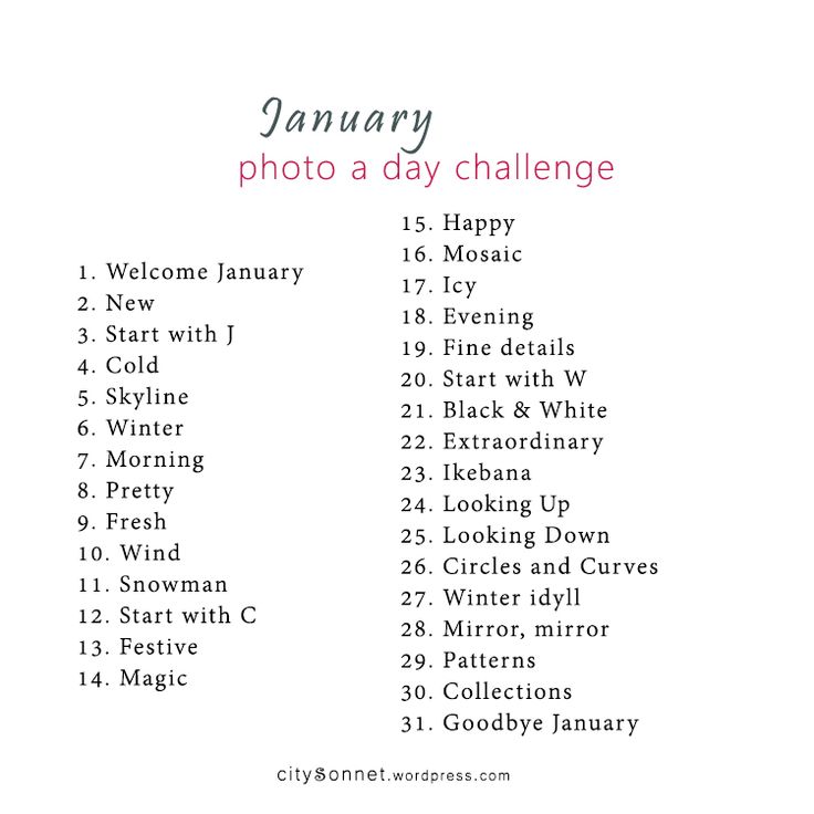 the january photo day challenge is shown in pink and white, with words above it