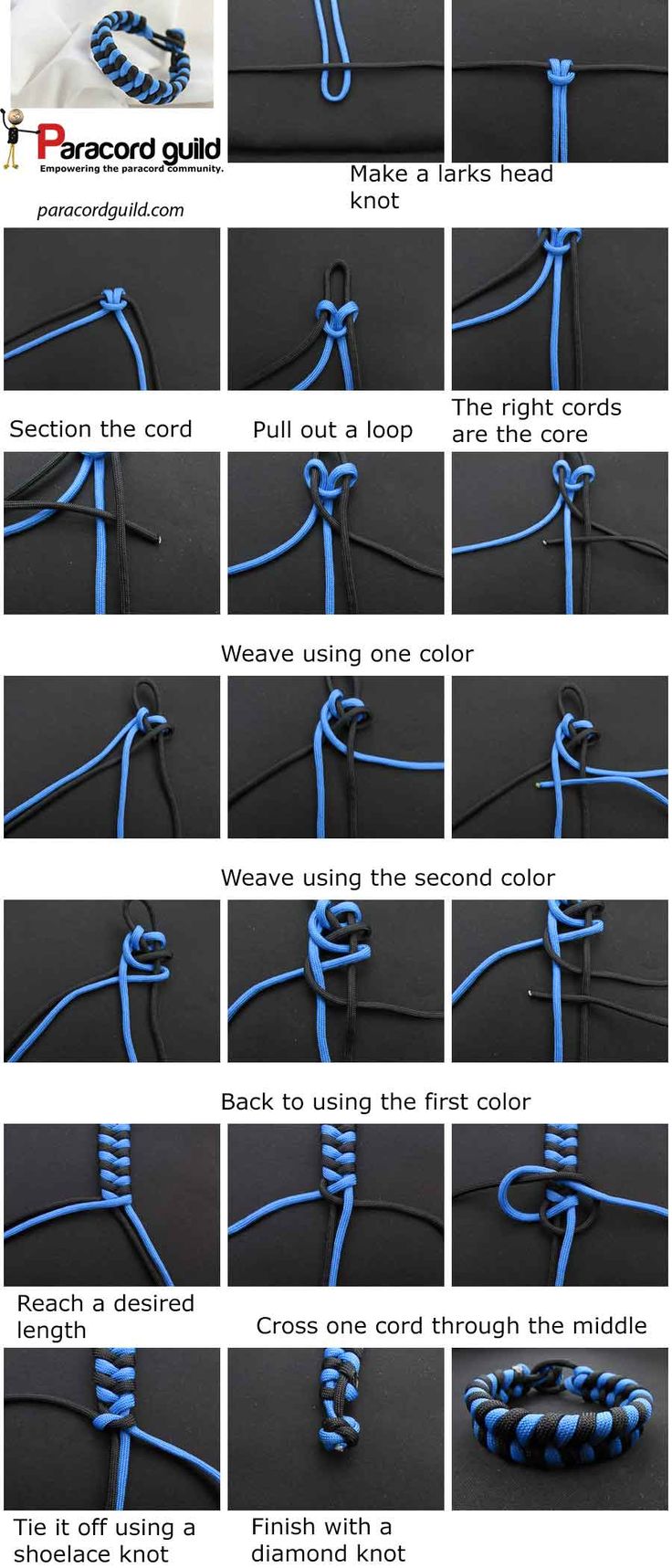 instructions to tie a bracelet with blue cords