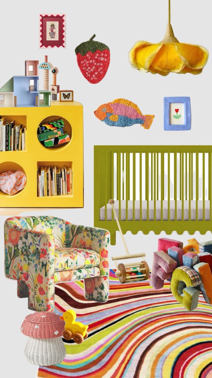 a child's room with colorful furniture and decor