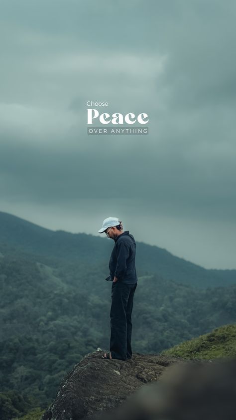 a man standing on top of a lush green hillside under a cloudy sky with the words peace over him