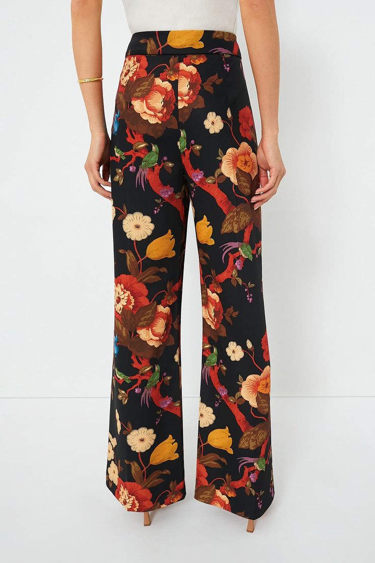 Step out in style and comfort with the Erin Pants! Featuring our signature Baroque Floral print and a classic straight wide leg silhouette, these lovely bottoms are perfect for everything from the office to date night. Pair with gold accessories and the matching Rhoda Top for a monochromatic look sure to stun, or wear separately with a timeless button down and golden studs for a casual yet elevated look. Either way, these silky stunners are sure to be ones you'll reach for time and time again th Chic Floral Print Ankle-length Wide Leg Pants, Chic Floral Print Wide-leg Pants, Elegant Wide Leg Bottoms With Floral Print, Elegant Wide Leg Floral Print Bottoms, Elegant Floral Print Pants, Elegant Floral Print Trousers, Elegant Floral Print Wide-leg Pants, Chic Wide-leg Pants With Floral Print, Elegant Wide-leg Pants With Floral Print