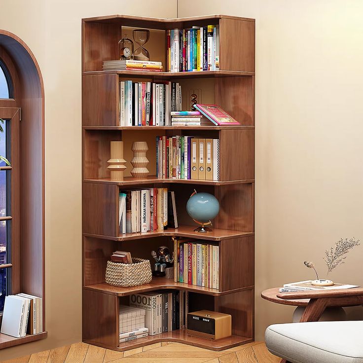 a corner book shelf with many books on it