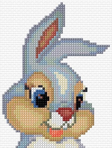 a cross stitch pattern of a bunny with blue eyes and ears, in the shape of a