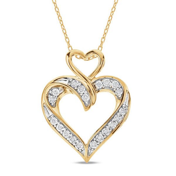 Designed with romance in mind, this sparkling double-heart style captivates. Crafted in sterling silver with warm 14K gold plate, this shimmering look features a twisting diamond-adorned heart outline with a looping polished heart above. Radiant with 1/10 ct. t.w. of diamonds and a brilliant buffed luster, this pendant suspends along an 18.0-inch cable chain that secures with a spring-ring clasp. Vday Jewelry, Zales Zales, Heart Shaped Engagement Rings, Silver Necklace Designs, Modern Gold Jewelry, Mens Silver Necklace, Heart Pendant Diamond, Silver Heart Necklace, Double Heart