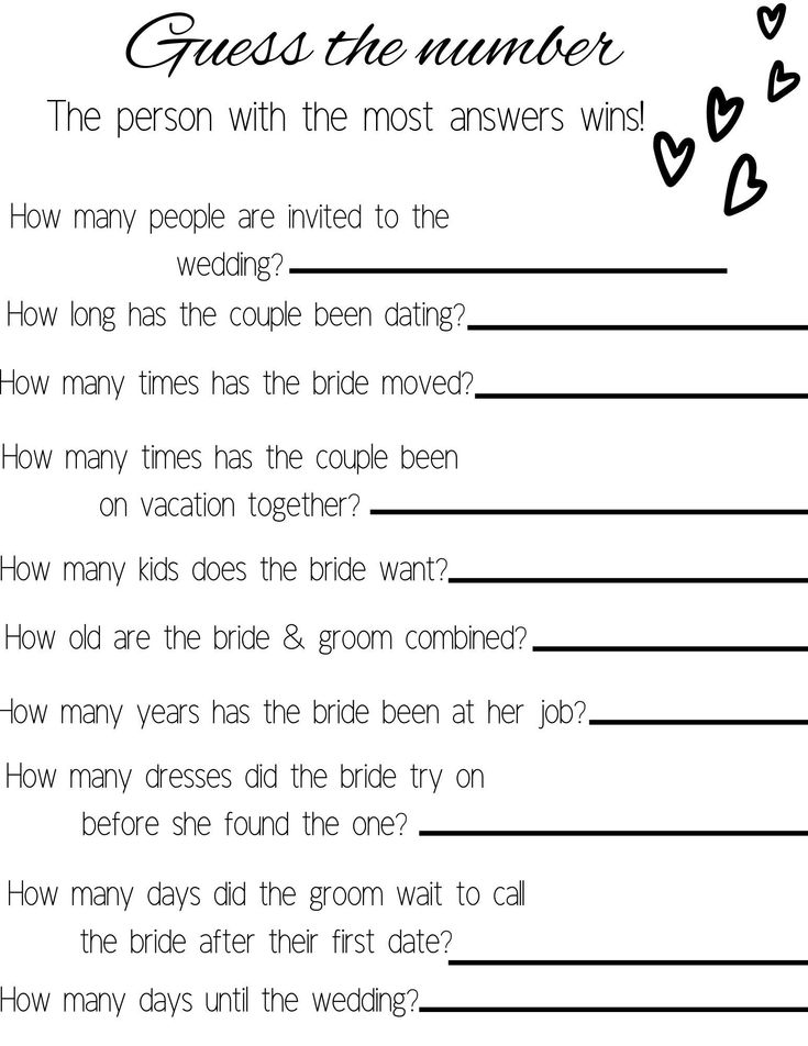 a printable wedding game for the bride and groom to complete out their question cards