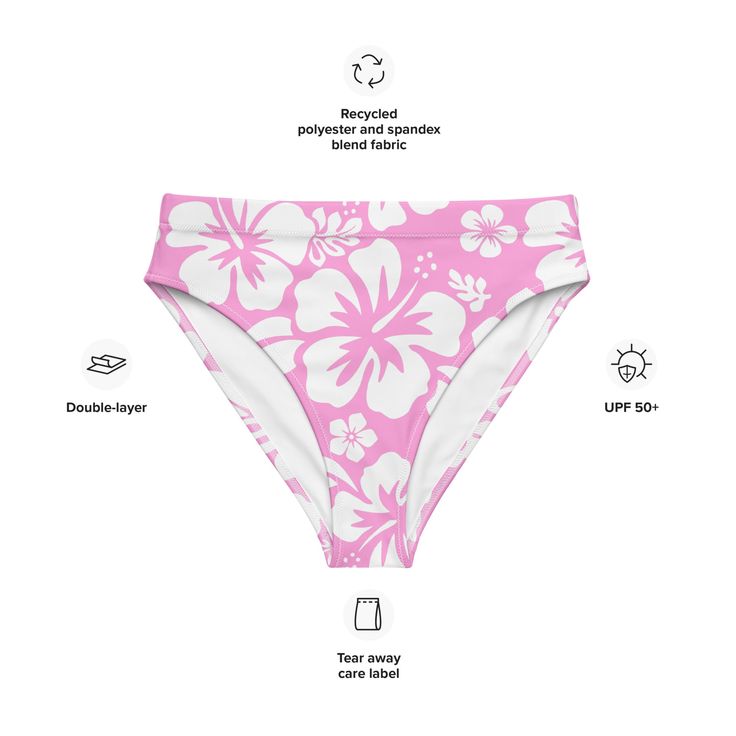 Turn heads at the beach with our pink and white hibiscus flowers on white high waisted bikini bottom. These bold and playful flowers will make a statement while providing the perfect fit to flatter your figure. Enjoy comfort and style all in one! Bathing suit bottom is comfortable, high-waisted, and double-layered. • Double-layered and non-reversible • Tear-away care label • Zig-zag stitching *Swimsuit top only and two piece set with this design are listed and sold separately. This product is ma White Hawaiian Style Bottoms For Summer, White Hawaiian Summer Bottoms, Hawaiian White Bottoms For Summer, Pink Fitted Hawaiian Swimwear, Pink High Waist Swimwear For Beach Season, High Waist Pink Bottoms For Sunbathing, Pink High Waist Swimwear For Beach Party, High Waist Pink Swimwear For Beach Party, Pink Hibiscus Print Swimwear For Summer