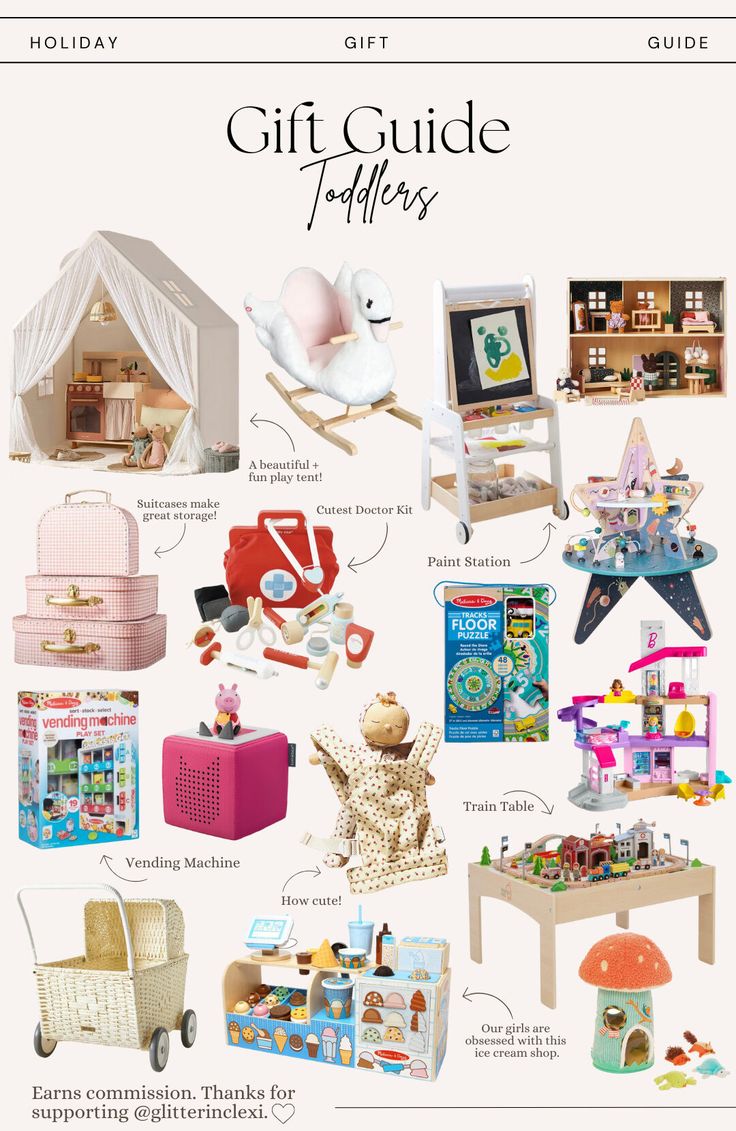 the gift guide for toddlers includes toys, books and other items that are on display