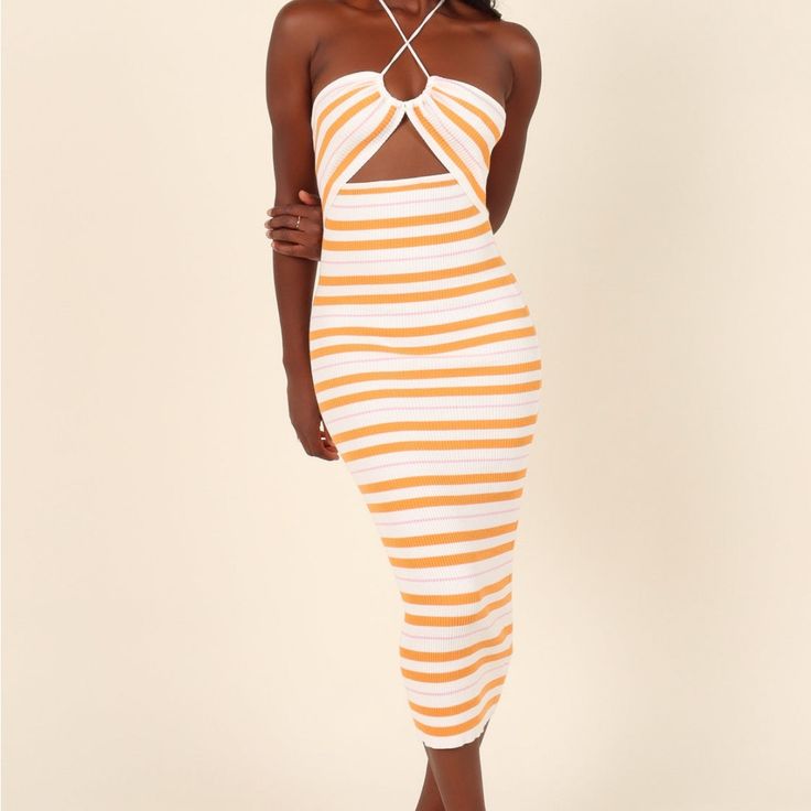 Nwt. Brand Is Petal + Pup. Size S/M. Details Contract Menu Expand Menu * Bodycon Strapless Design * Maxi Length * Sweetheart Neckline * Bust Tie Feature * Front Cut Out Under Bust Detail * Stretch Ribbed Knit * Stripe Print * Slim Fit * Unlined * Material - 50% Viscose / 28% Polyester / 22% Nylon * Model Is 5' 7" And Wears A Size S/M * Model Stats: Bust - 31", Waist - 26", Hips - 35 White Linen Midi Dress For Summer, White Midi-length Sundress, White Fitted Halter Neck Sundress, Chic White Halter Neck Sundress, White Midi Length Sundress, White Midi Sundress For Day Out, White Halter Neck Summer Dress, White Summer Halter Neck Dress, White Fitted Summer Midi Dress