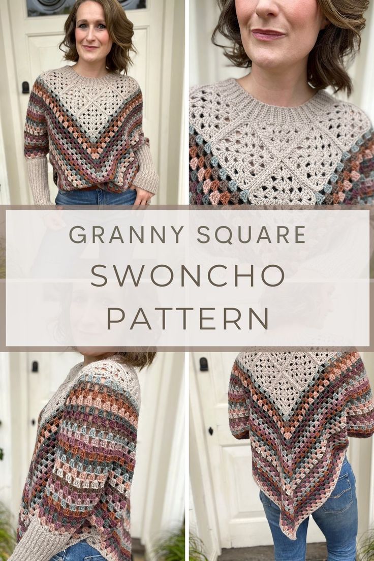 the granny square sweater is shown in three different photos and has text overlay that says granny