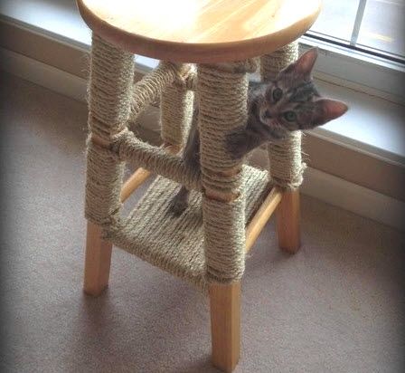 a cat hiding under a chair made out of rope