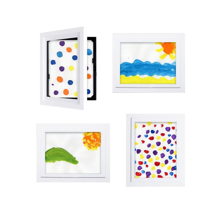 four framed art pieces with different shapes and colors are shown in white frames on the wall