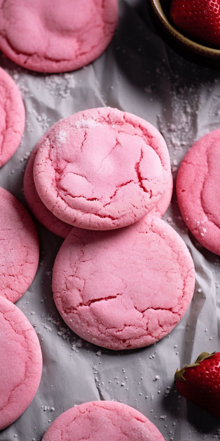 some pink cookies are next to a bowl of strawberries