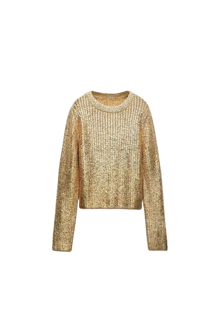 GOLDxTEAL painted metallic gold sweater. Causal Chic, Ladies Short Jackets, Gold Sweater, Elegant Coats, Metallic Sweater, Mode Casual, Knitwear Fashion, Collars For Women, Sweater Material