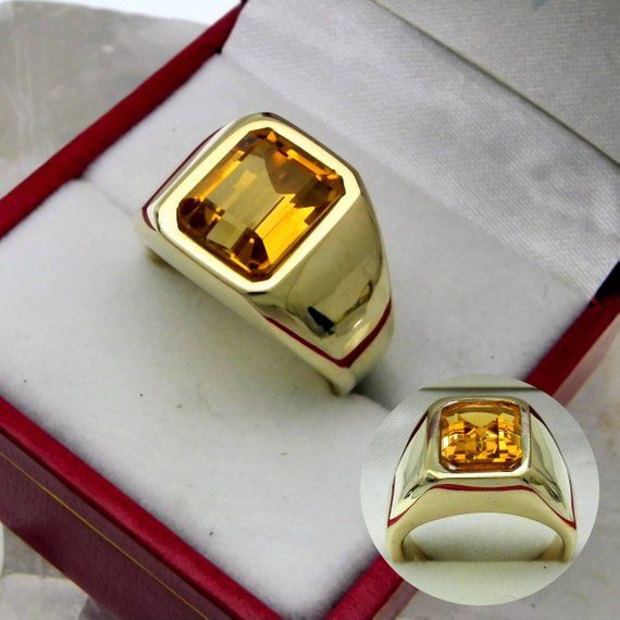 AAAA Citrine 10x8mm  3.67 Carats   Heavy 14K Yellow gold Emerald cut Mans ring 15-16 grams 1760 Mans Ring, Mens Ring Designs, Rings Men, Mens Gemstone Rings, Indicolite Tourmaline, Yellow Sapphire Rings, Modernist Ring, Gold Rings Jewelry, Blue Tourmaline