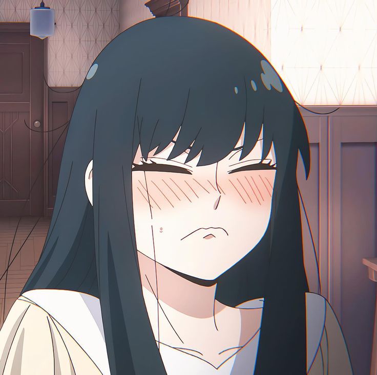 an anime character with long black hair in a kitchen looking at the camera while staring straight ahead