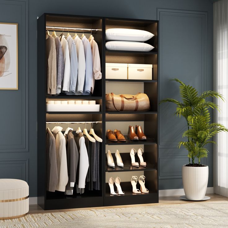 an organized closet with shoes, shirts and other items on shelves next to a potted plant