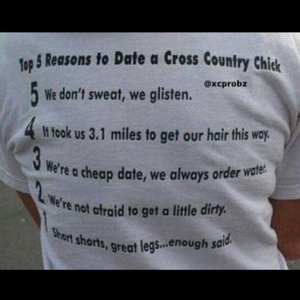 the back of a man's white shirt with information about how to date a cross country chick