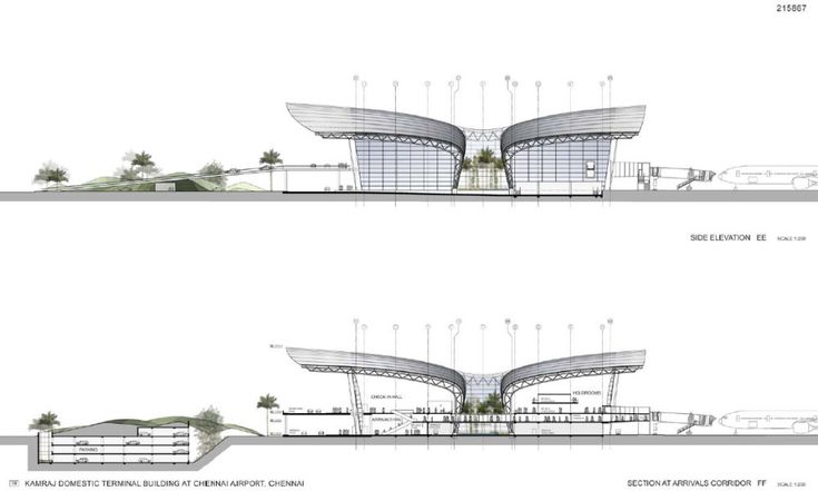 two drawings showing the different sections of a building with trees and plants growing out of it