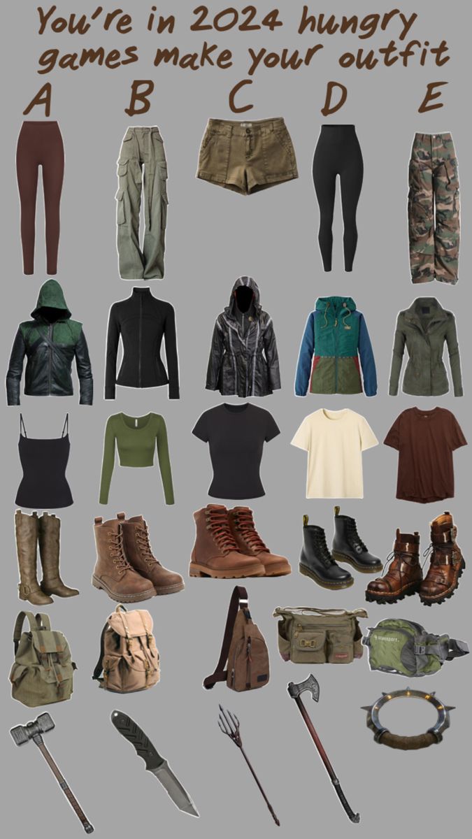 an assortment of clothes and accessories are arranged in the shape of a collage with text that reads, you're in 2012 hungry games make your outfit b c d